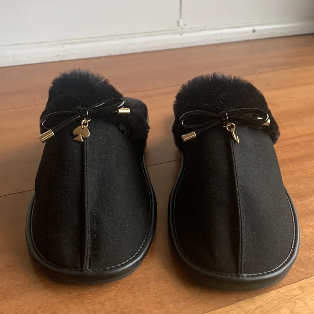 Kate Spade Lacey Textile Faux Fur Slippers Black 7B (US) 37.5 (EU)